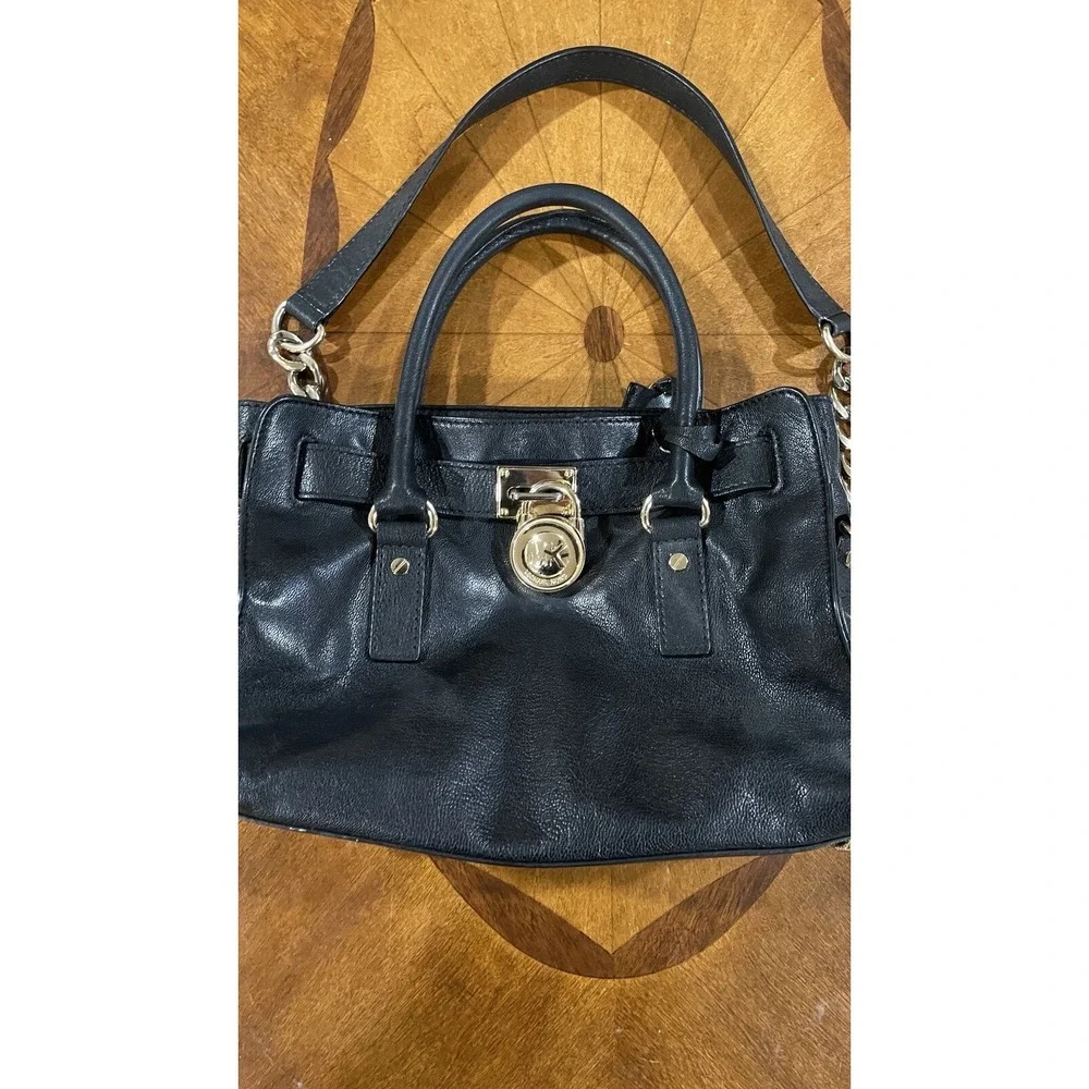 Michael Kors Hamilton Black Leather Satchel Tote‎ Chain Shoulder Bag Gold